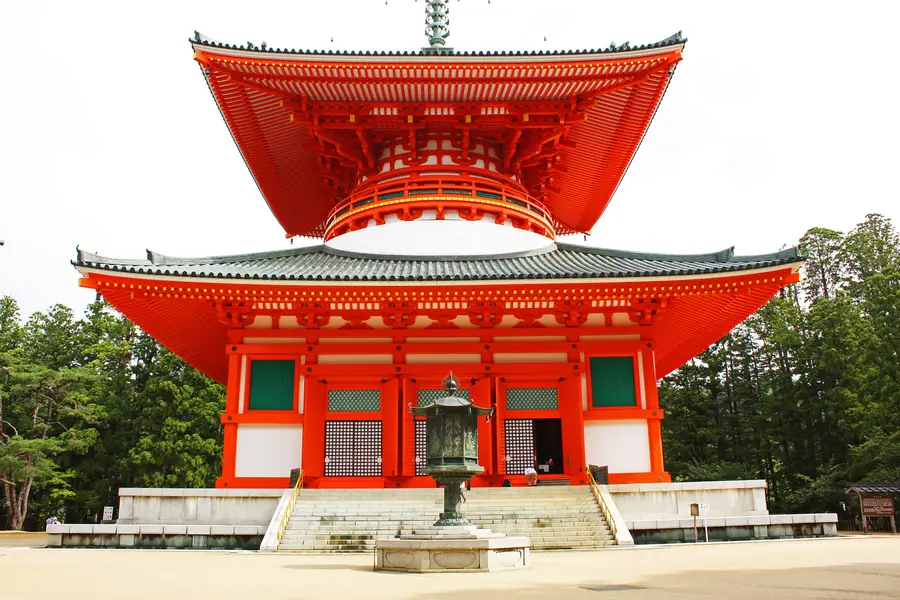 The vermilion Konpon Daito pagoda in the Danjo Garan complex on Koyasan