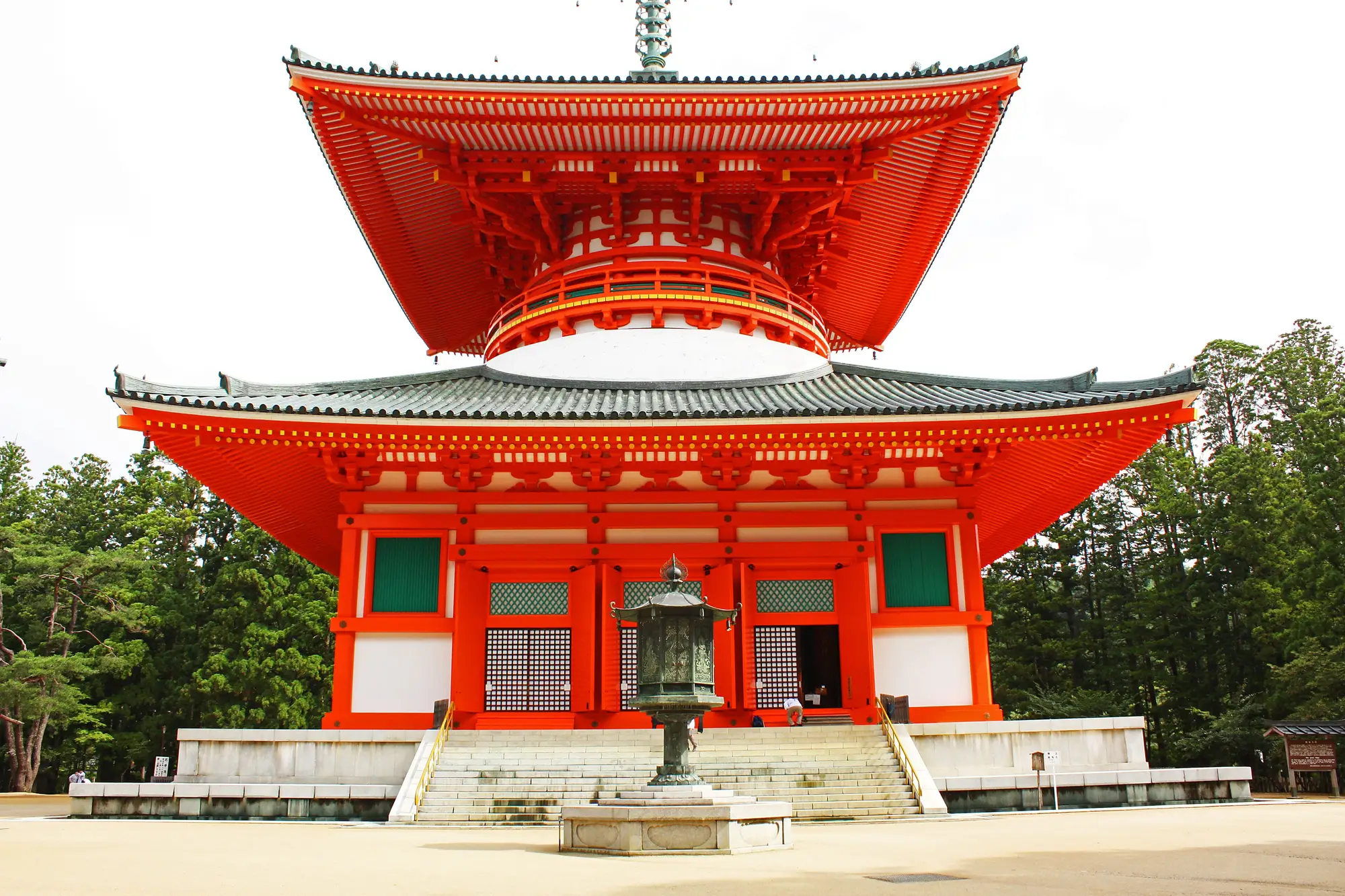 The vermilion Konpon Daito pagoda in the Danjo Garan complex on Koyasan